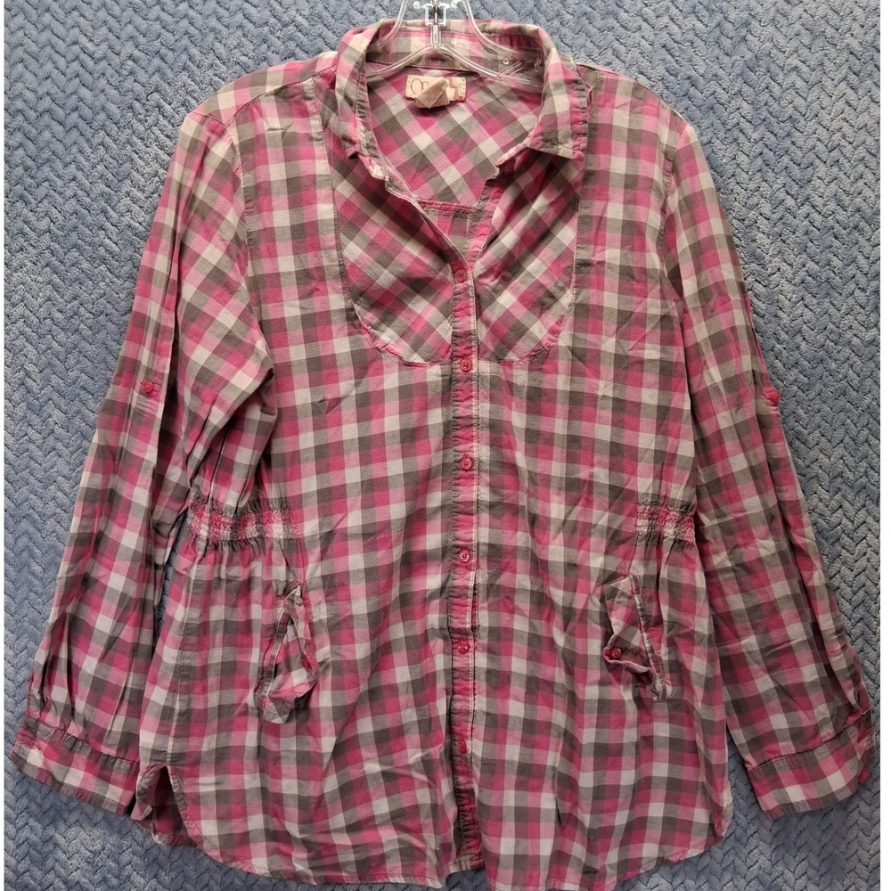 OP Ocean Pacific Pink Grey Plaid Button Down Shirt XL Smocked Waist Roll Sleeve